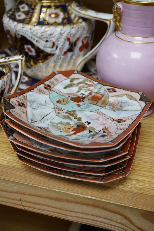 A pair of Victorian bone china figural dishes, an Imari pattern teaset, together with other wares. Condition - mostly fair